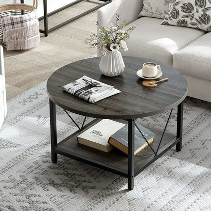 Modern Rustic Round Coffee Table with Generous Storage and Stylish Design - Très Elite