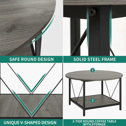 Modern Rustic Round Coffee Table with Generous Storage and Stylish Design - Très Elite