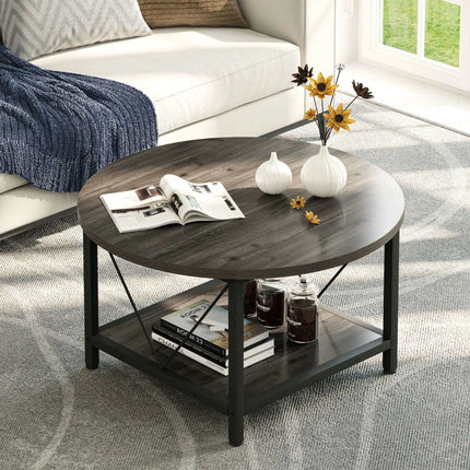 Modern Rustic Round Coffee Table with Generous Storage and Stylish Design - Très Elite