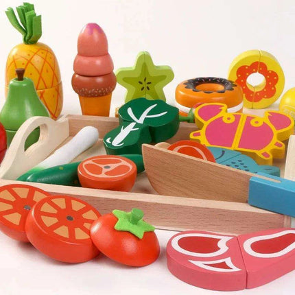 Montessori Wooden Kitchen Playset - Interactive Pretend Cooking Toy with Fruit & Vegetable Cutting Set for Children - Très Elite