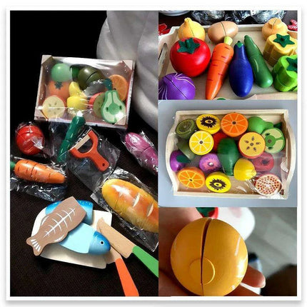 Montessori Wooden Kitchen Playset - Interactive Pretend Cooking Toy with Fruit & Vegetable Cutting Set for Children - Très Elite