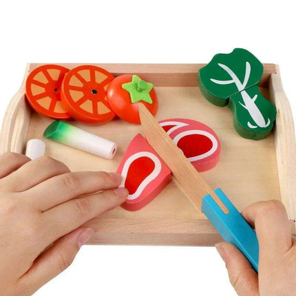 Montessori Wooden Kitchen Playset - Interactive Pretend Cooking Toy with Fruit & Vegetable Cutting Set for Children - Très Elite