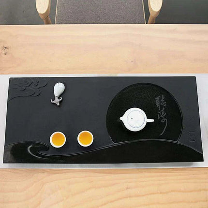 Moon Cloud Engraved Black Stone Tea Tray with Integrated Water Drainage for Kungfu Tea Ceremony - Très Elite