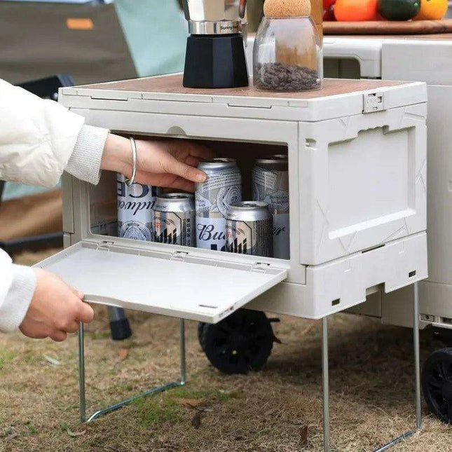 Multi-Functional Outdoor Gear Organizer with Integrated Table Access