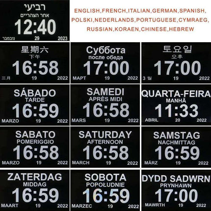 Multilingual LED Calendar Clock with 12 Alarms and Reminder Features - Perfect for Seniors and Daily Organization - Très Elite