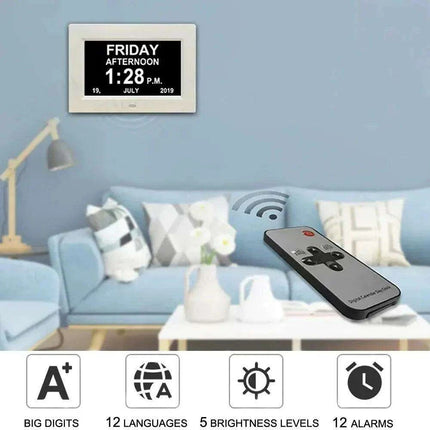 Multilingual LED Calendar Clock with 12 Alarms and Reminder Features - Perfect for Seniors and Daily Organization - Très Elite
