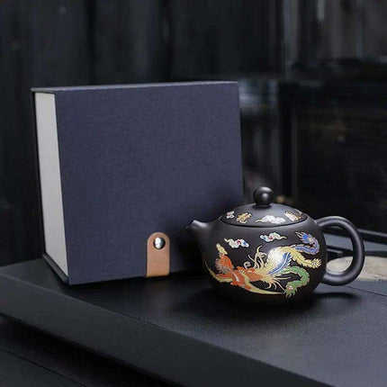 Mystical Heat-Responsive Purple Clay Teapot with Dragon and Phoenix Motif - Très Elite