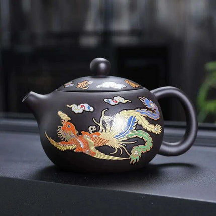 Mystical Heat-Responsive Purple Clay Teapot with Dragon and Phoenix Motif - Très Elite