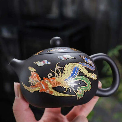 Mystical Heat-Responsive Purple Clay Teapot with Dragon and Phoenix Motif - Très Elite