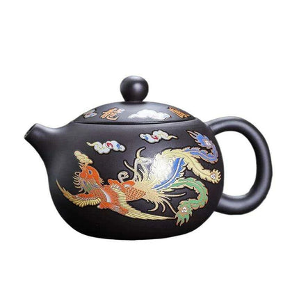 Mystical Heat-Responsive Purple Clay Teapot with Dragon and Phoenix Motif - Très Elite