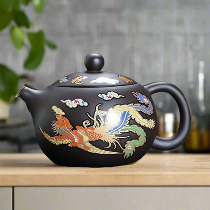 Mystical Heat-Responsive Purple Clay Teapot with Dragon and Phoenix Motif - Très Elite