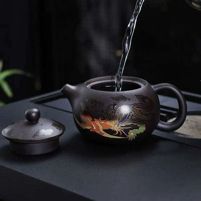 Mystical Heat-Responsive Purple Clay Teapot with Dragon and Phoenix Motif