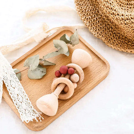 Natural Beech Wood Baby Rattle and Hand Bells - Montessori Educational Toys for Newborns