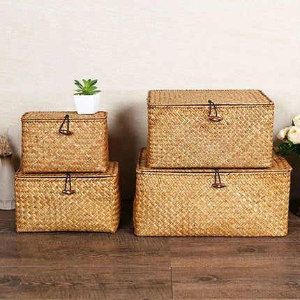 Natural Seagrass Organizer Basket with Lid - Stylish Storage Solution for Cosmetics, Sundries, and Laundry - Très Elite
