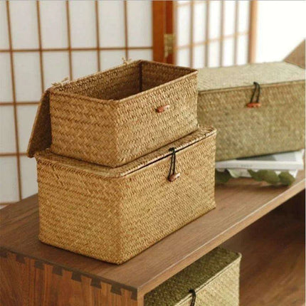 Natural Seagrass Organizer Basket with Lid - Stylish Storage Solution for Cosmetics, Sundries, and Laundry - Très Elite