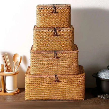 Natural Seagrass Woven Storage Container with Lid - Stylish Basket for Bath Essentials, Cosmetics, and Towels - Très Elite