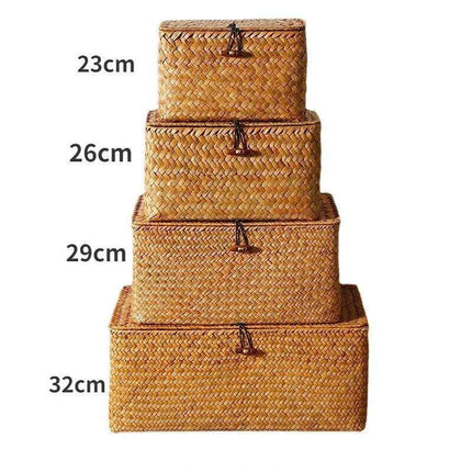 Natural Seagrass Woven Storage Container with Lid - Stylish Basket for Bath Essentials, Cosmetics, and Towels..