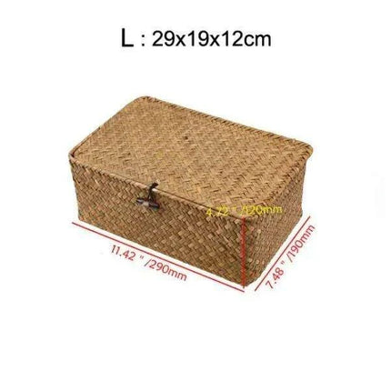 Natural Seagrass Woven Storage Container with Lid - Stylish Basket for Bath Essentials, Cosmetics, and Towels - Très Elite