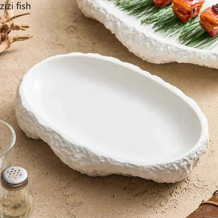 Nature-Inspired Textured White Ceramic Dinner Plate for Elegant Dining - Très Elite