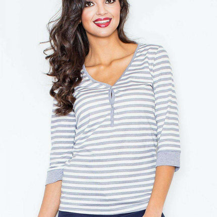 Nautical-Inspired Striped Longsleeve Cotton Top with Elegant Button Front