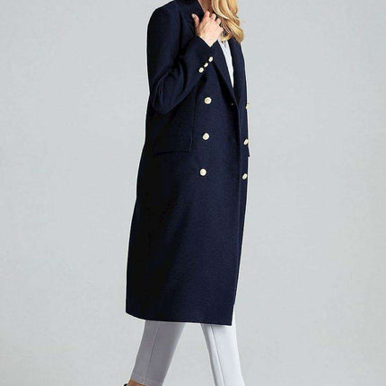 Navy Blue Chic: Elegant Double-Breasted Coat with Golden Accents - Très Elite