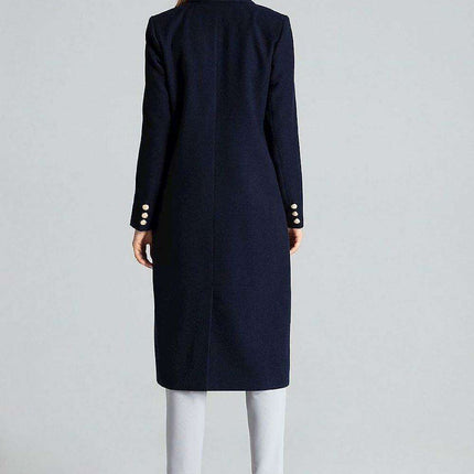 Navy Blue Chic: Elegant Double-Breasted Coat with Golden Accents - Très Elite