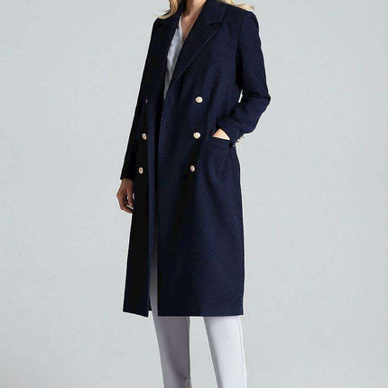 Navy Blue Chic: Elegant Double-Breasted Coat with Golden Accents - Très Elite