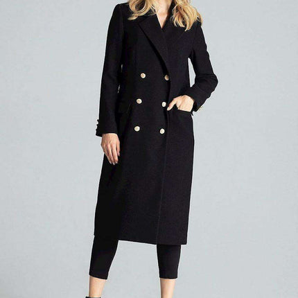 Navy Blue Chic: Elegant Double-Breasted Coat with Golden Accents - Très Elite