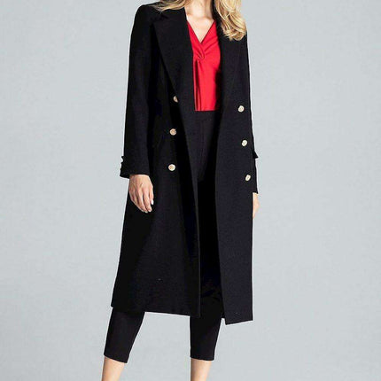 Navy Blue Chic: Elegant Double-Breasted Coat with Golden Accents - Très Elite