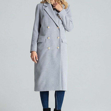 Navy Blue Chic: Elegant Double-Breasted Coat with Golden Accents - Très Elite