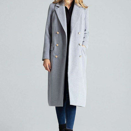 Navy Blue Chic: Elegant Double-Breasted Coat with Golden Accents - Très Elite