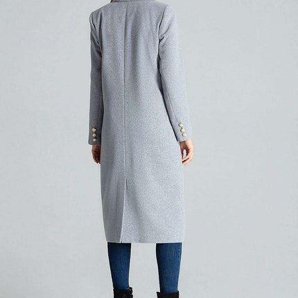 Navy Blue Chic: Elegant Double-Breasted Coat with Golden Accents - Très Elite