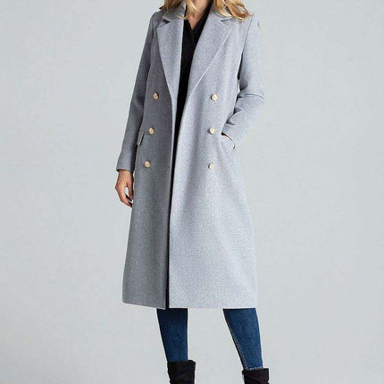 Navy Blue Chic: Elegant Double-Breasted Coat with Golden Accents - Très Elite