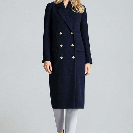 Navy Blue Chic: Elegant Double-Breasted Coat with Golden Accents - Très Elite