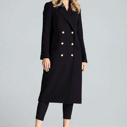 Navy Blue Chic: Elegant Double-Breasted Coat with Golden Accents - Très Elite
