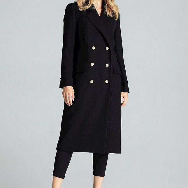 Navy Blue Chic: Elegant Double-Breasted Coat with Golden Accents