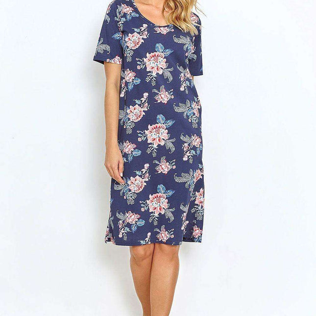 Navy Blue Floral Cotton Knee-Length Nightgown