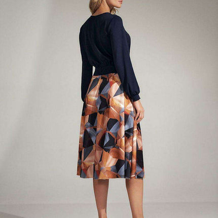 Navy Blue Geometric Flared Midi Dress with Ruffled Details