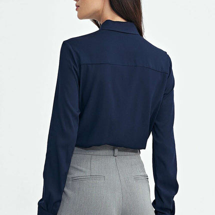 Navy Blue Long Sleeve Shirt Viscose Classic Collar Women - Très Elite