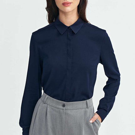 Navy Blue Long Sleeve Shirt Viscose Classic Collar Women - Très Elite