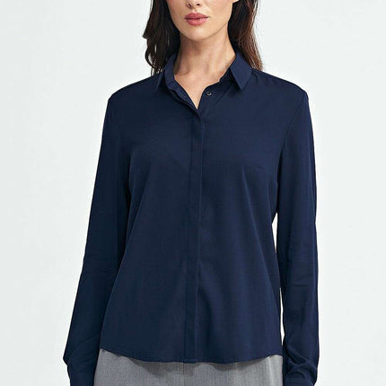 Navy Blue Long Sleeve Shirt Viscose Classic Collar Women - Très Elite