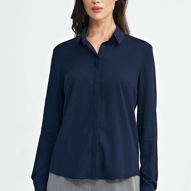 Navy Blue Long Sleeve Shirt Viscose Classic Collar Women