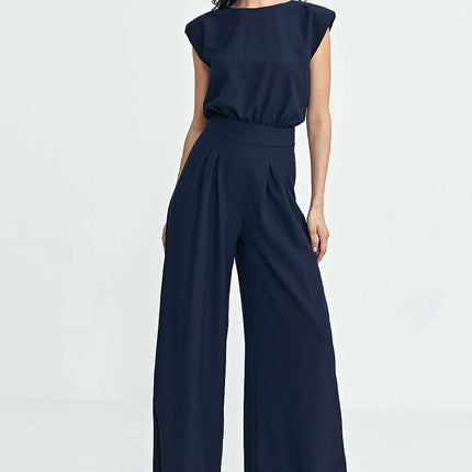 Navy Blue Palazzo Jumpsuit Regular Fit Boat Neckline - Très Elite