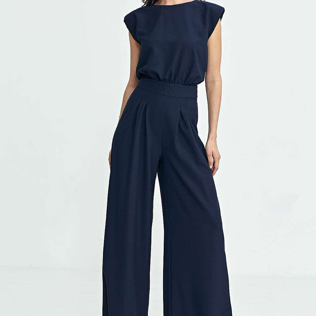 Navy Blue Palazzo Jumpsuit Regular Fit Boat Neckline