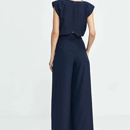 Navy Blue Palazzo Jumpsuit Regular Fit Boat Neckline - Très Elite