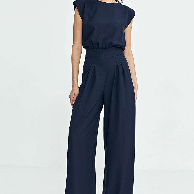 Navy Blue Palazzo Jumpsuit Regular Fit Boat Neckline