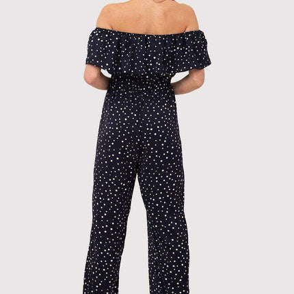 Navy Blue Polka Dot Bardot Jumpsuit with Playful Ruffled Waist - Très Elite
