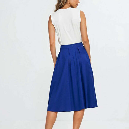 Navy Blue V Neck Sleeveless Blouse With Pleated Trim - Très Elite