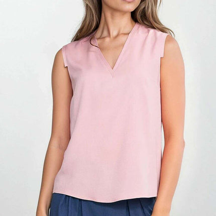 Navy Blue V Neck Sleeveless Blouse With Pleated Trim