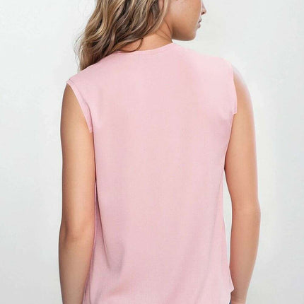 Navy Blue V Neck Sleeveless Blouse With Pleated Trim - Très Elite